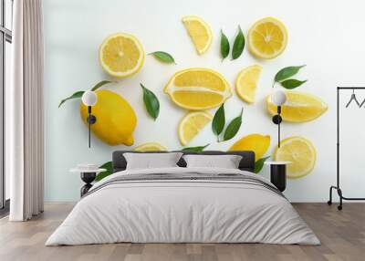 Flat lay composition with ripe juicy lemons on white background Wall mural