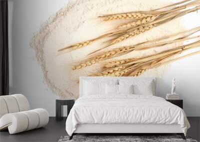 Flour and wheat ears on white background Wall mural