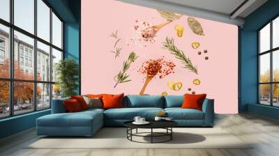 Flying spices and herbs on pink background Wall mural