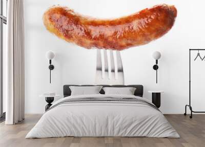 Fork with grilled sausage on white background Wall mural