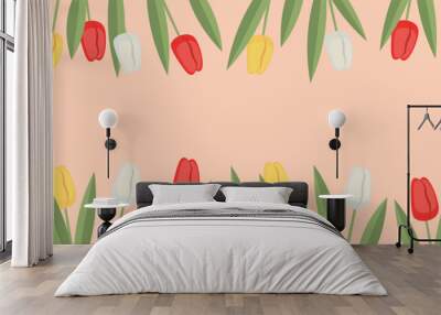 Frame made of beautiful tulip flowers on beige background Wall mural