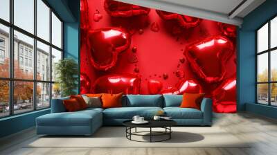 Frame made of heart-shaped air balloons for Valentine's day on red background Wall mural