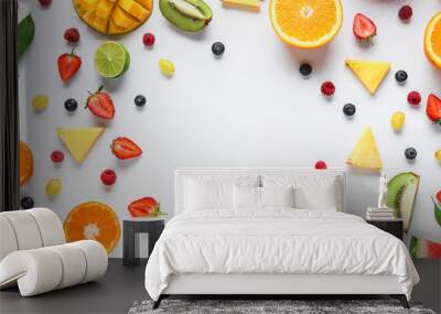 Frame made of ripe fruits and berries on white background Wall mural