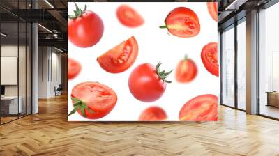 Fresh flying tomatoes isolated on white Wall mural