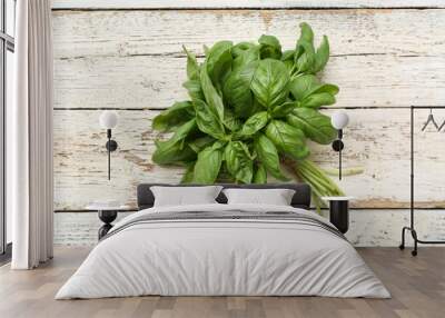 Fresh green basil leaves on white wooden background Wall mural