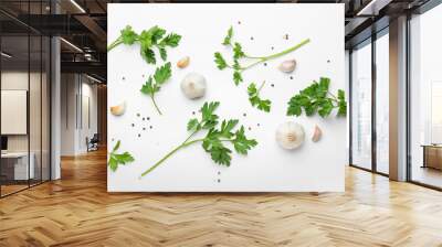 Fresh parsley with garlic on white background Wall mural