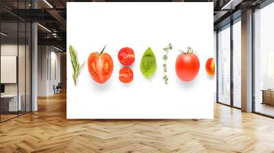 Fresh red tomatoes and different spices on white background Wall mural