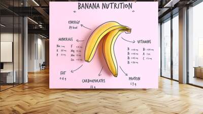 Fresh ripe bananas with nutrition facts on color background Wall mural