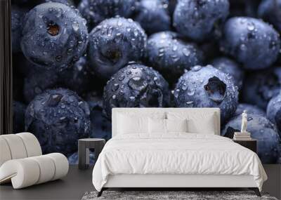 Fresh ripe blueberries with drops of water, closeup Wall mural