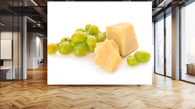 Fresh ripe juicy grapes with parmesan cheese on white background Wall mural