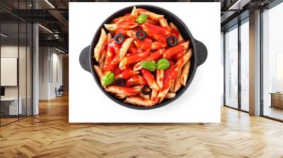 Frying pan with tasty pasta and tomato sauce on white background Wall mural