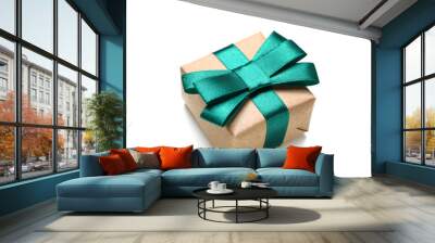 Gift box tied with beautiful green ribbon on white background Wall mural