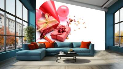 Gift boxes with balloons and party hat on white background Wall mural