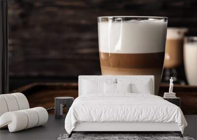 Glass of tasty aromatic latte on wooden board Wall mural