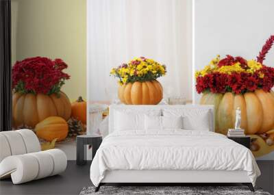 Group of beautiful autumn floral composition with pumpkin and chrysanthemum flowers Wall mural