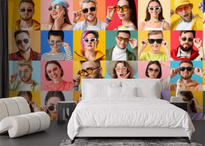 Group of different people in stylish sunglasses on color background Wall mural