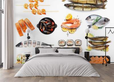 Group of fresh seafood on white background Wall mural