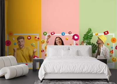 Group of happy young bloggers on color background Wall mural