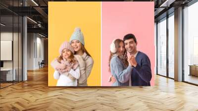 Group of people in winter clothes on color background. Christmas celebration Wall mural