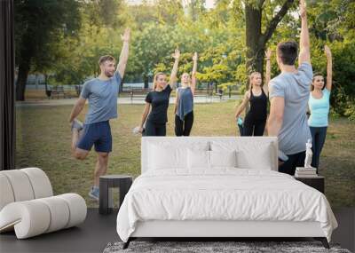 Group of sporty people training in park Wall mural