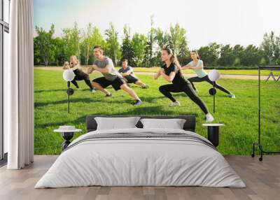 Group of sporty people training in park Wall mural