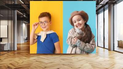 Group of stylish little children on color background Wall mural