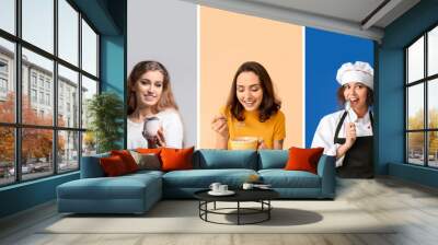 Group of young people with spoons on color background Wall mural