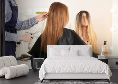 Hairdresser working with young woman in beauty salon Wall mural