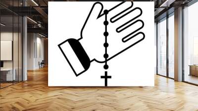 Hand with rosary beads on white background Wall mural