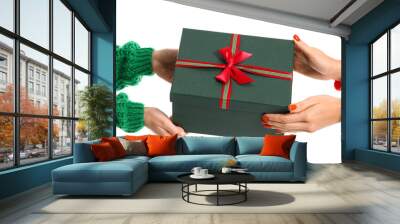 Hands with Christmas gift on white background Wall mural