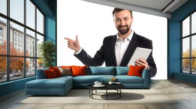 Handsome businessman with tablet computer on white background Wall mural