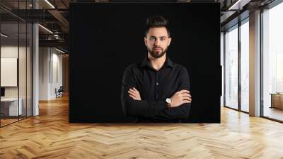 Handsome man with healthy hair on dark background Wall mural