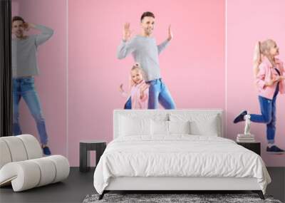 Happy couple dancing against color background Wall mural