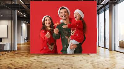 Happy family with Christmas sparklers on color background Wall mural