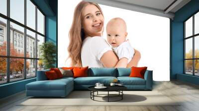 Happy mother with cute little baby on white background Wall mural