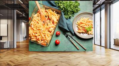 Healthy pasta with tomatoes and feta cheese on color background Wall mural