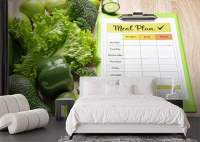 Healthy products and meal plan on wooden background Wall mural