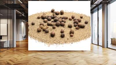 Heap of allspice powder and peppercorns on white background Wall mural