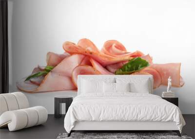 Heap of sliced tasty ham on white background Wall mural