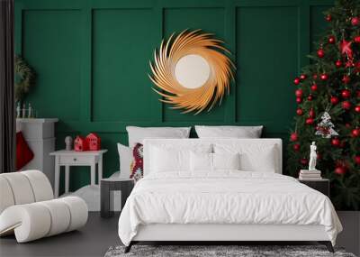 Interior of bedroom with Christmas tree and mirror Wall mural