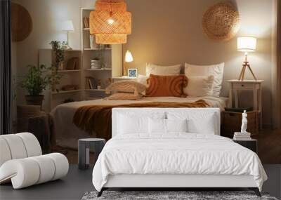 Interior of cozy bedroom with comfortable bed, blanket and glowing lamps at night Wall mural