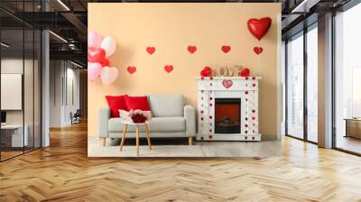 Interior of festive living room with grey sofa, fireplace and decorations for Valentine's Day celebration Wall mural