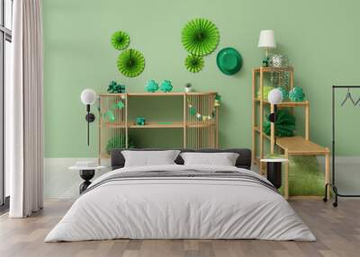 Interior of festive living room with wooden shelving unit and decorations for St. Patrick's Day celebration Wall mural