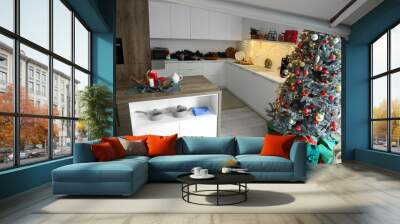 Interior of kitchen with counters and Christmas tree Wall mural