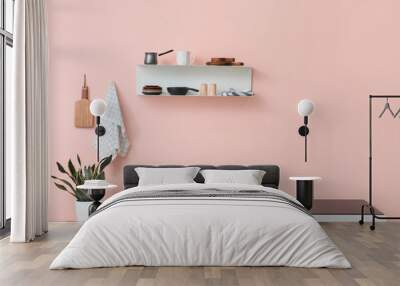 Interior of kitchen with modern shelf hanging on color wall Wall mural