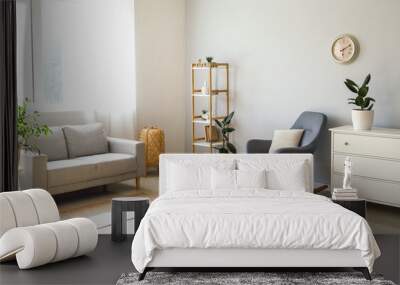 Interior of light living room with armchair, sofa and houseplants Wall mural