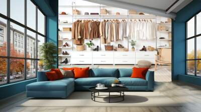 interior of modern dressing room with wardrobe boxes, stylish clothes and accessories Wall mural