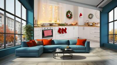 Interior of modern kitchen decorated for Christmas Wall mural