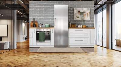 Interior of modern kitchen with counters and stylish fridge Wall mural