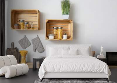 Interior of modern kitchen with wooden shelves Wall mural